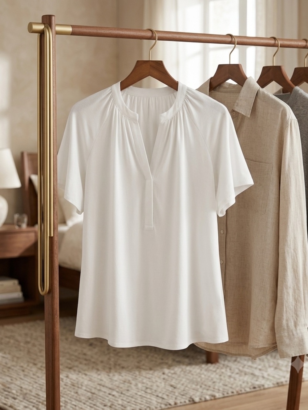 H&M White Short-Sleeve Split-Neck Blouse